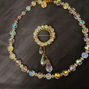 1950’s Aurora Boreales Crystal Beaded Necklace and Brooch.
